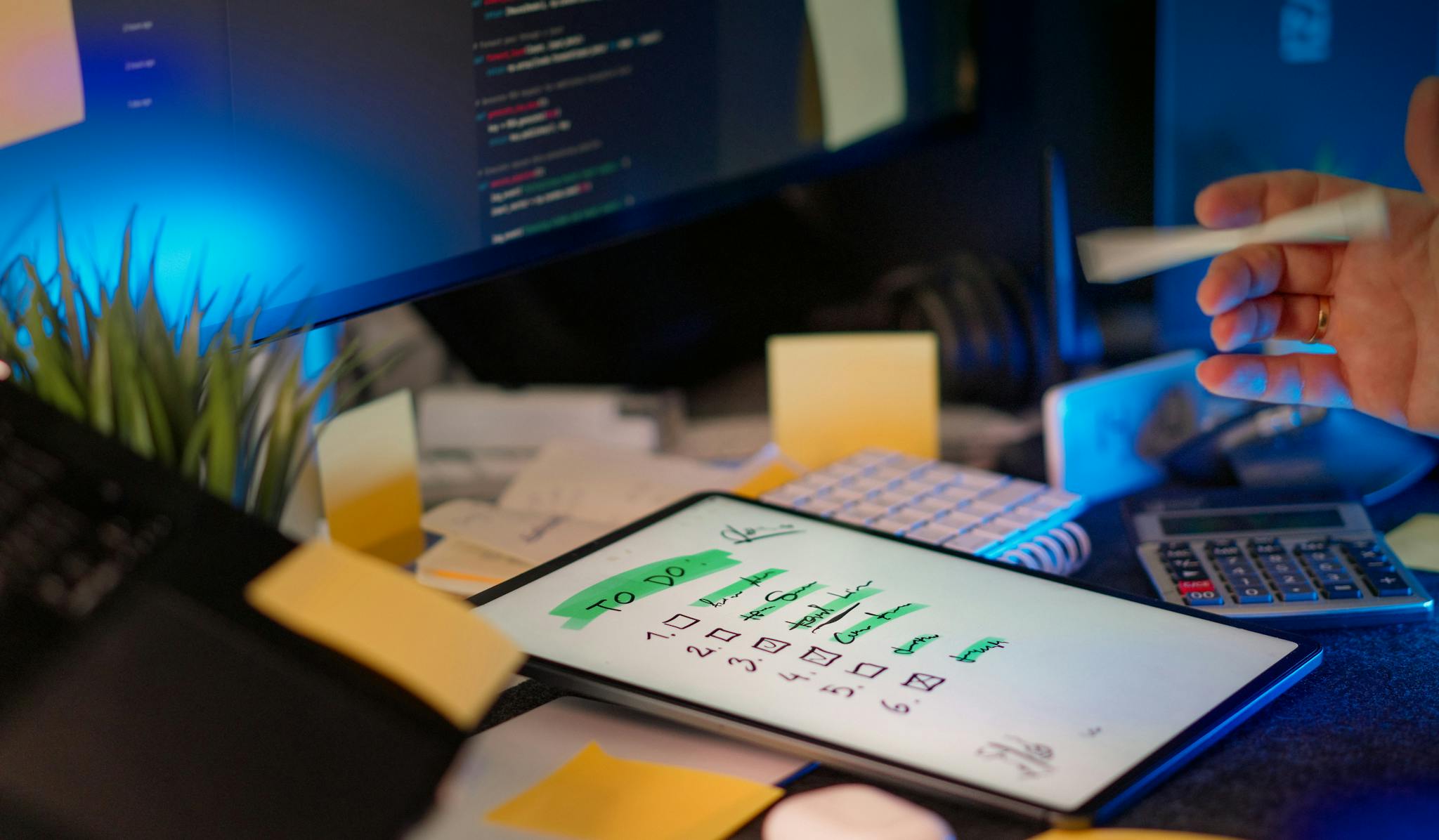 A cluttered desk with a tablet showing a to-do list, monitor showing code, and office supplies.
